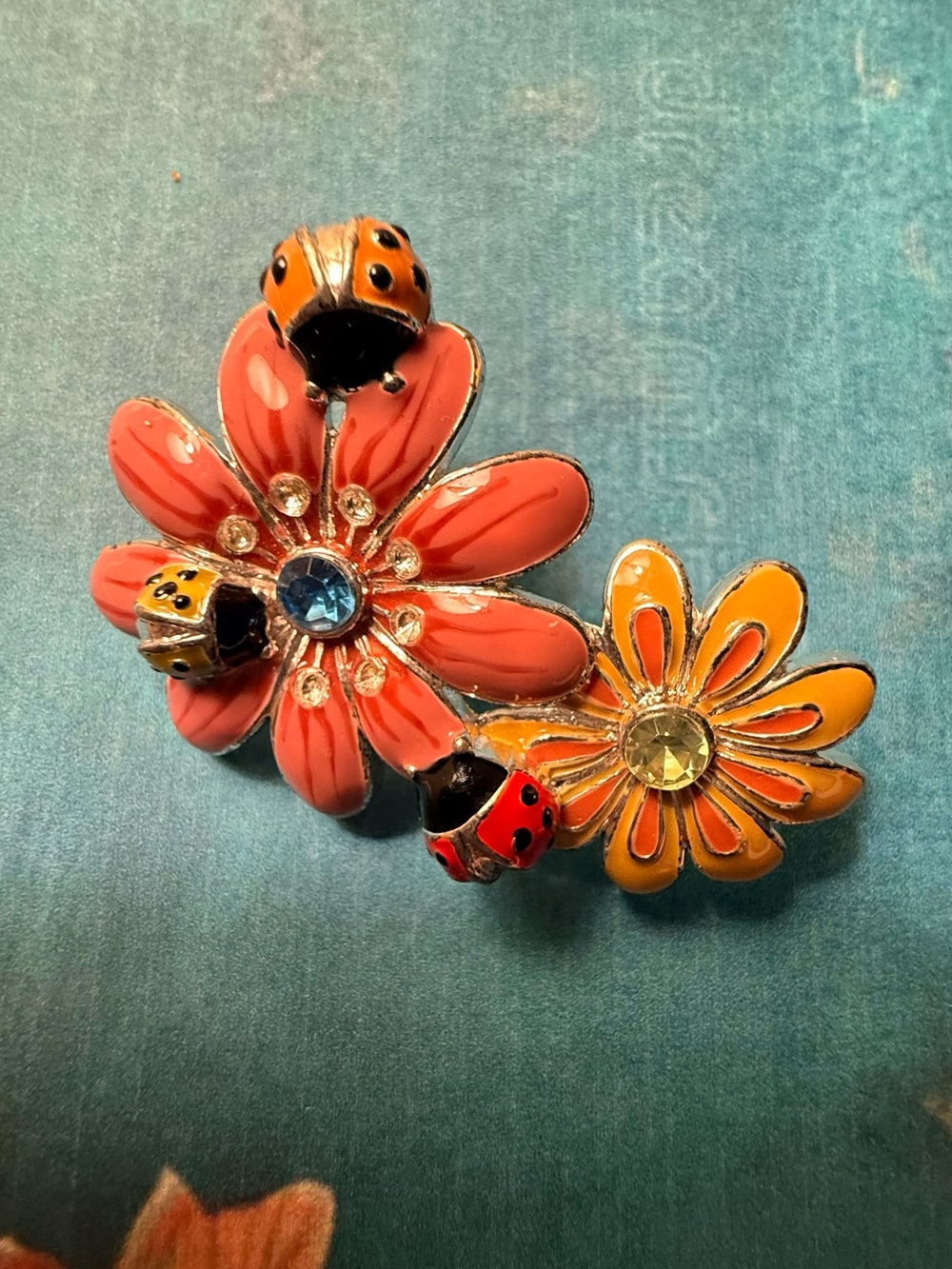 Floral Enamel Brooch with Ladybug Accents - Coral & Yellow